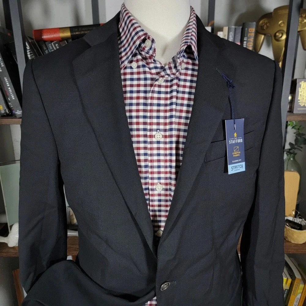 Stafford Men's Hopsack Blazer Two‎ Silver Button Black Wool Blend Classic 42L